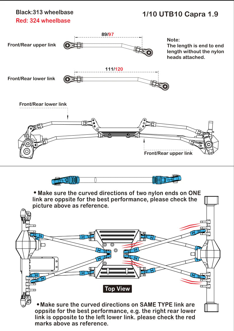 SCX10-01-0301 MEUS Racing 1/10 Stainless Steel Links 313mm Wheelbase Linkage Set for Axial SCX10 II 90046 90047 90035