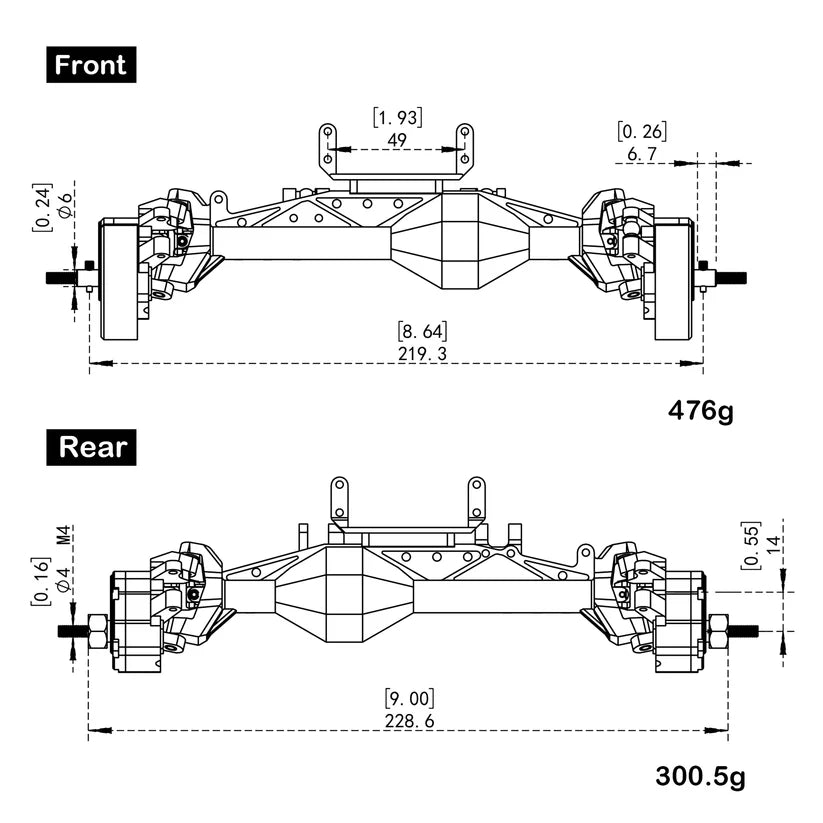 MEUS-UTB19-10 MEUS Racing 1/10 Capra 1.9 4WS UTB Isokinetic 3-Section Two Front Axles for 1/10 Axial Capra 1.9 UTB AXI03004 LCG Chassis set silver front