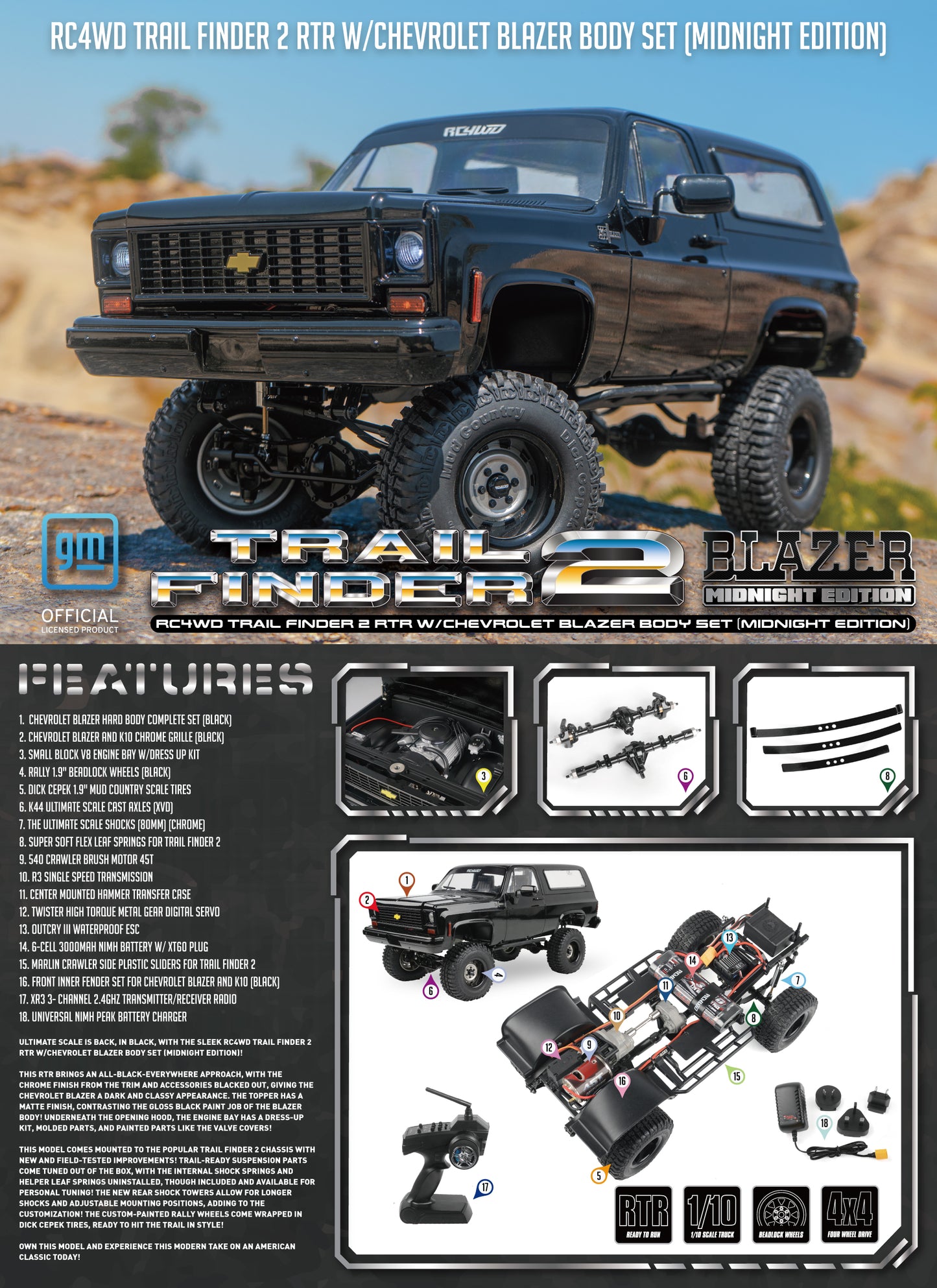 RC4WD Trail Finder 2 RTR Scale Truck w/Chevrolet Blazer Body Set (Midnight Edition) - Z-RTR0068