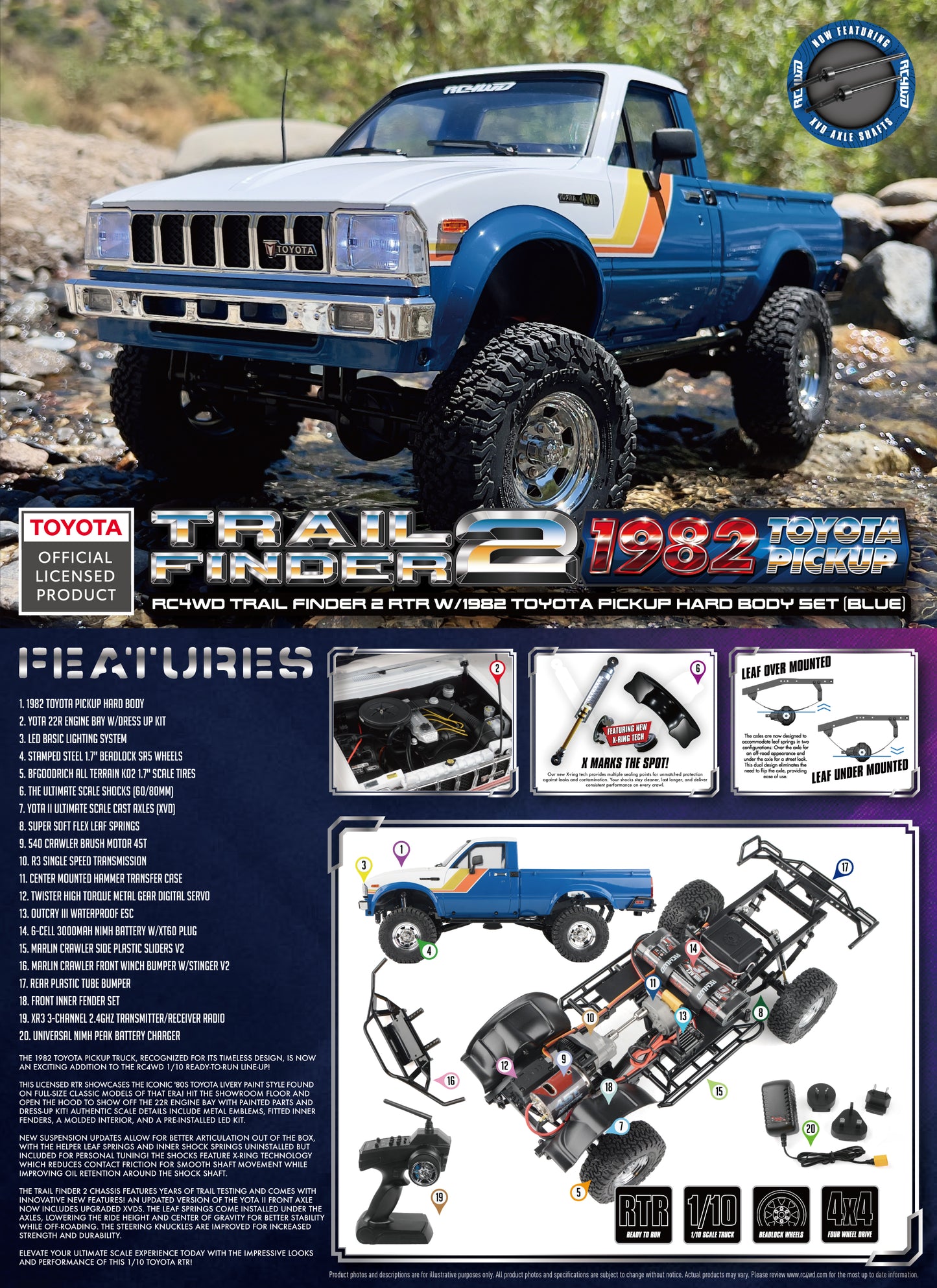 RC4WD Trail Finder 2 RTR w/1982 Toyota Pickup Hard Body Set (Bleu)