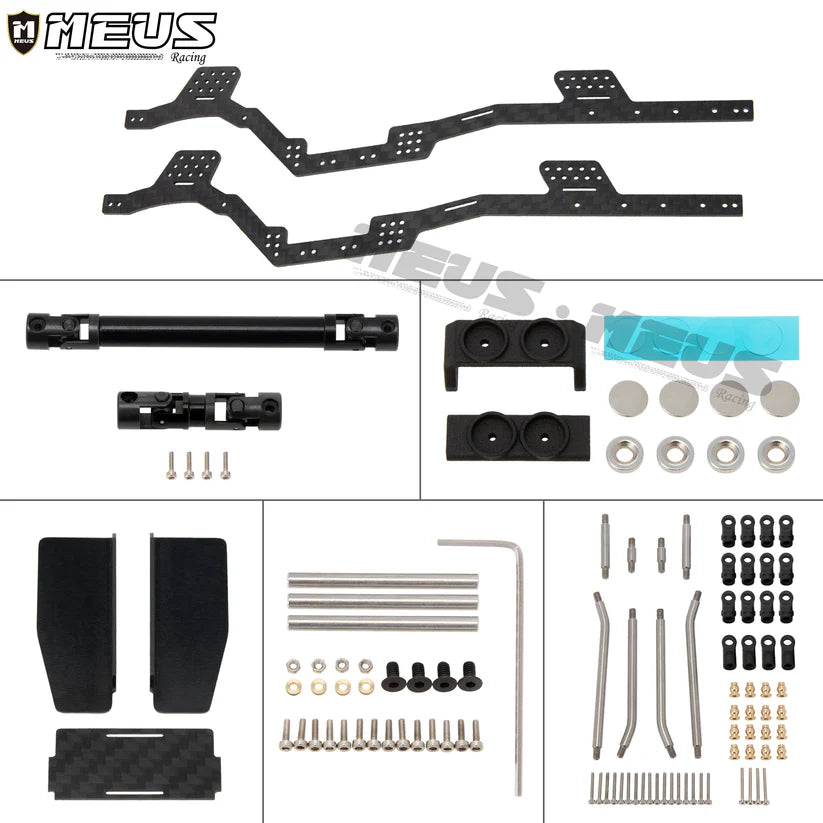 Meus Racing 1/24 Transmission Front System DIY Kits LCG Carbon Fiber Chassis Frame Bend Links Drive Shaft Magnetic Invisible Body Mount 132MM Wheelbase for SCX24 C10 Wrangler