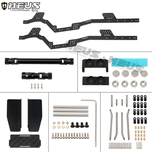 Meus Racing 1/24 Transmission Front System DIY Kits LCG Carbon Fiber Chassis Frame Bend Links Drive Shaft Magnetic Invisible Body Mount 132MM Wheelbase for SCX24 C10 Wrangler