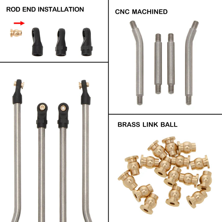 MEUS RACING Stainless Steel High Clearance Chassis Links Steering Links Set 10pcs 133.5mm Wheelbase for 1/24 Rock Crawler Car SCX24 Deadbolt AXI90081 B17 AXI00004