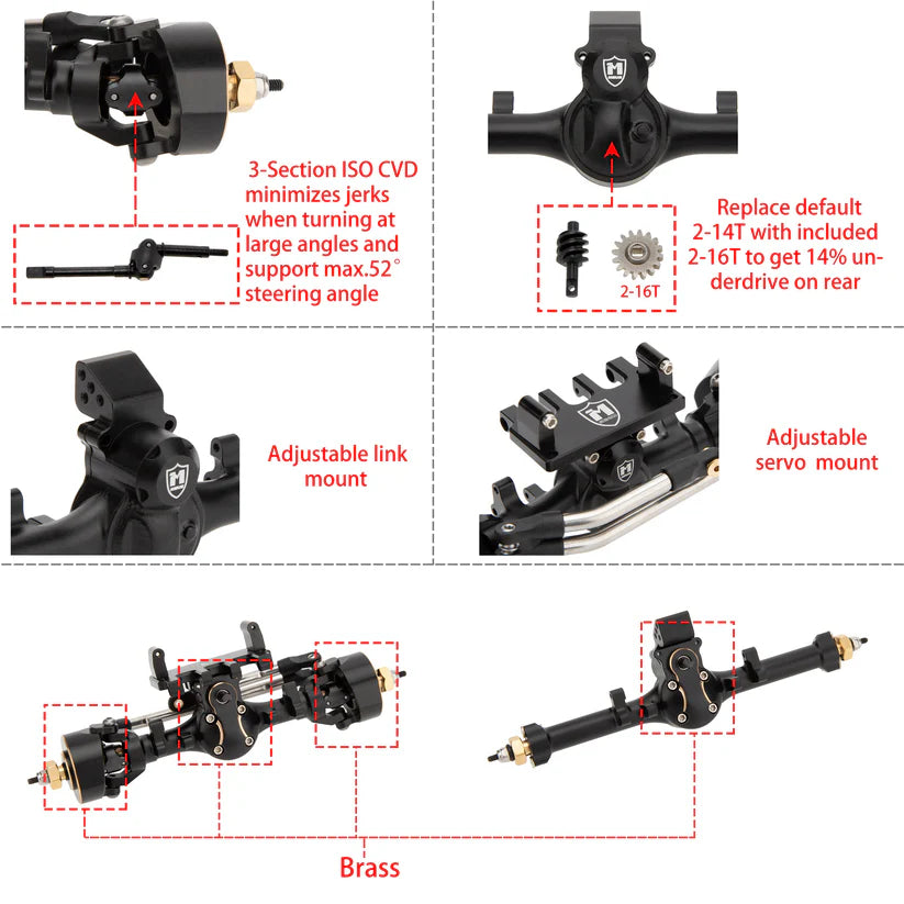 MEUS Racing SCX24 Metal V2 Isokinetic Front Rear Axles +5MM Isokinetic 3-Section CVD With 52° Steering Angle for 1/24 SCX24