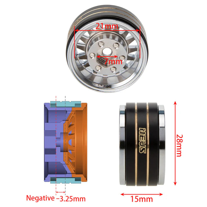 MEUS RACING RC Car 1.0" Beadlock Wheel Aluminum Chrome-Plated Brass Inner Ring Negative Offset -3.25mm for Axial SCX24 TRX4M 1/18 1/24 Upgrade Parts