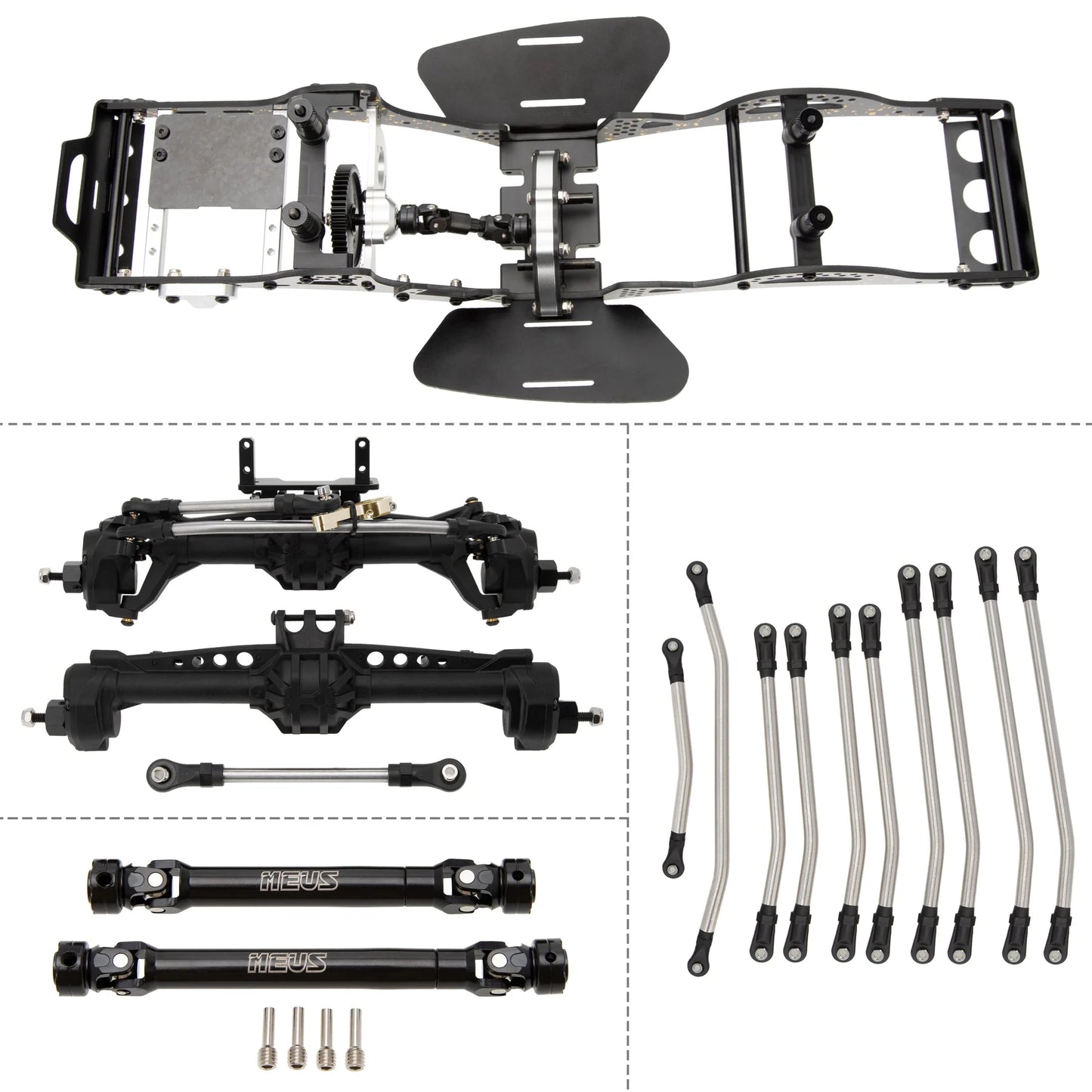 MEUS-LCG10-02 MEUS Racing RC LCG GOLD RUSH V2 Carbon Fiber Chassis & SCX10 Nylon Portal Axles & 313mm Links & Drive Shafts for 1/10 SCX10 Capra