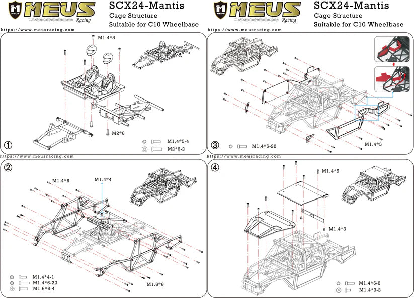 MEUS Racing SCX24 Mantis Roll Cage Body Shell Chassis Kit for 1/24 Axial SCX24 C10 Bronco Wrangler
