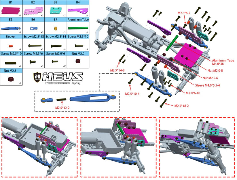MEUS Racing Aluminum Rear Suspension Trailing Arms Rear Knife Arms Dual Shocks for 1/18 TRX4M Crawler Upgrade
