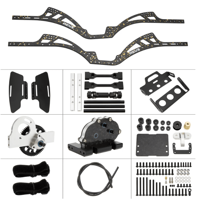 MEUS-LCG10-02 MEUS Racing RC LCG GOLD RUSH V2 Carbon Fiber Chassis & SCX10 Nylon Portal Axles & 313mm Links & Drive Shafts for 1/10 SCX10 Capra